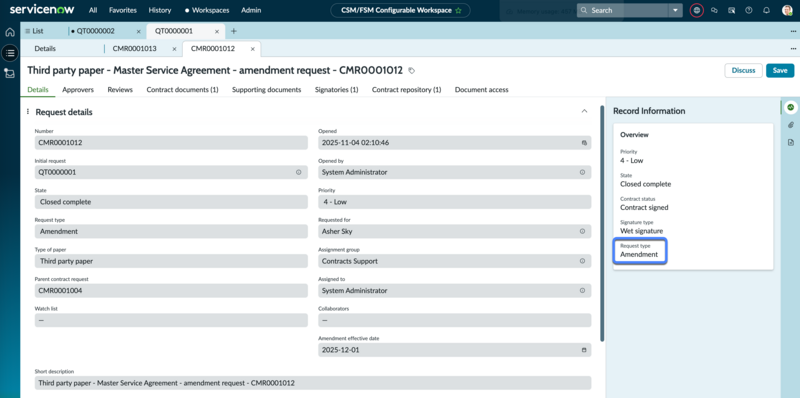 Request type field to differentiate between contract and amendment request