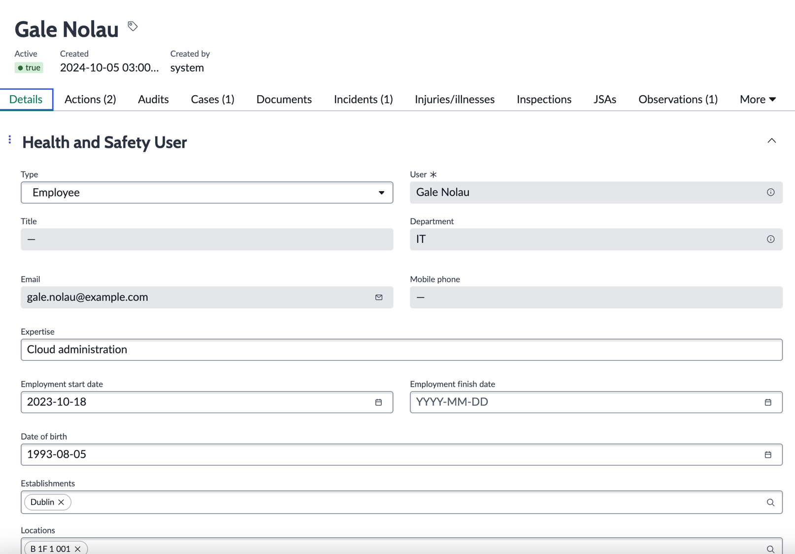 A Health and Safety profile showing all safety related information about the user.