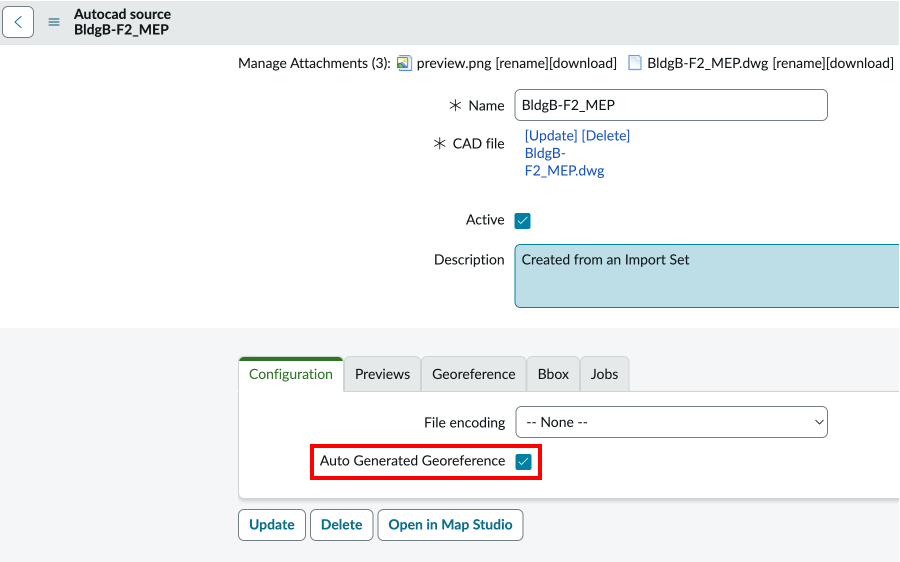 Configuration tab on the Autocad source form with the Auto Generate Georeference check box selected.