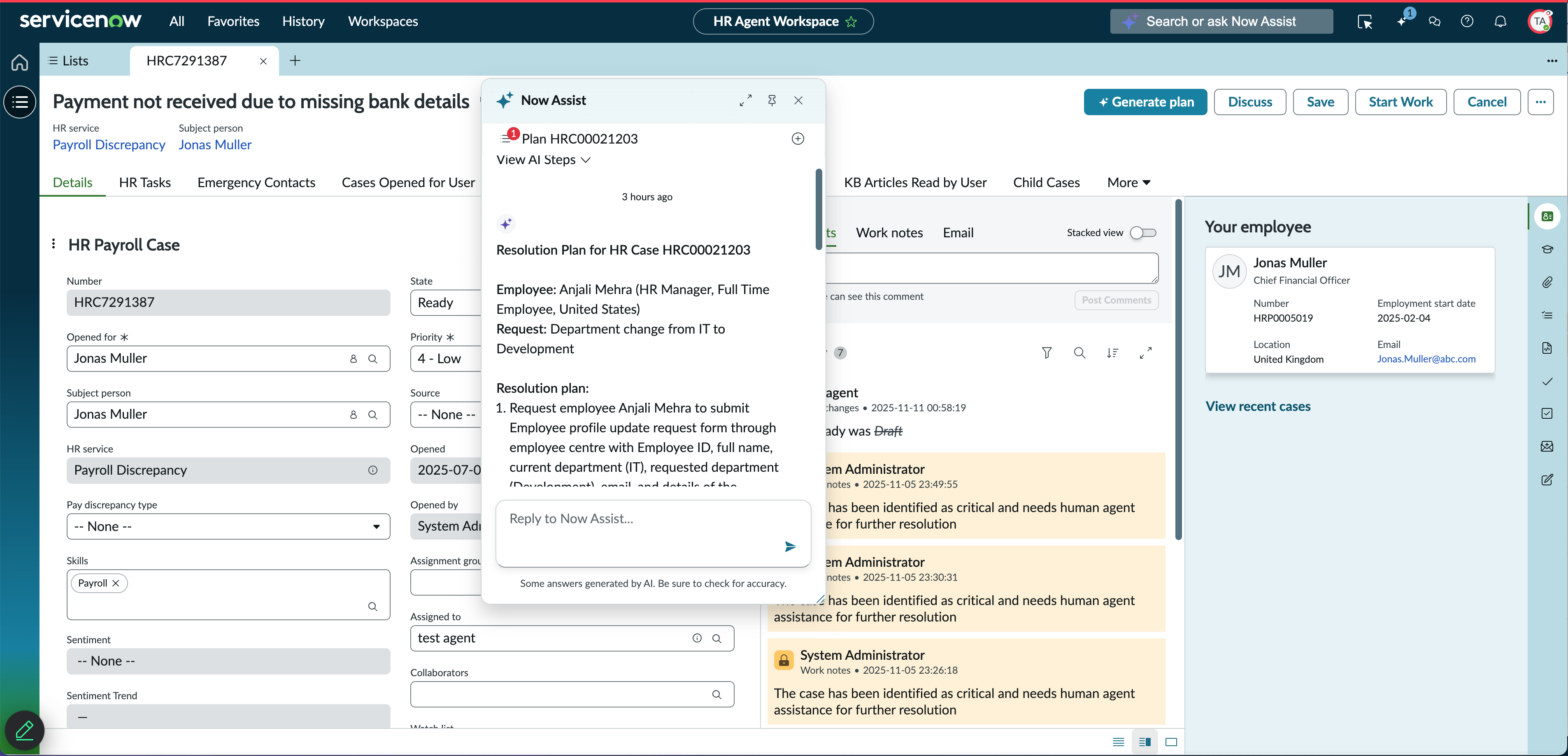 Fulfillment plan for an HR case on Agent Workspace for HR Case Management