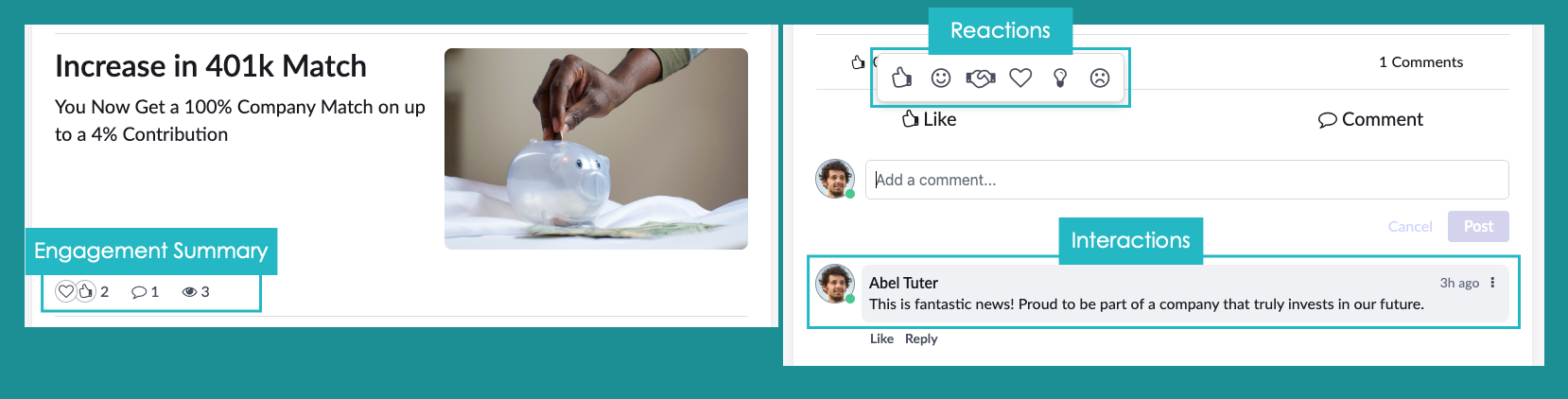 Content engagement delivers engagement summary, reaction icons, and commenting capabilities to the portal