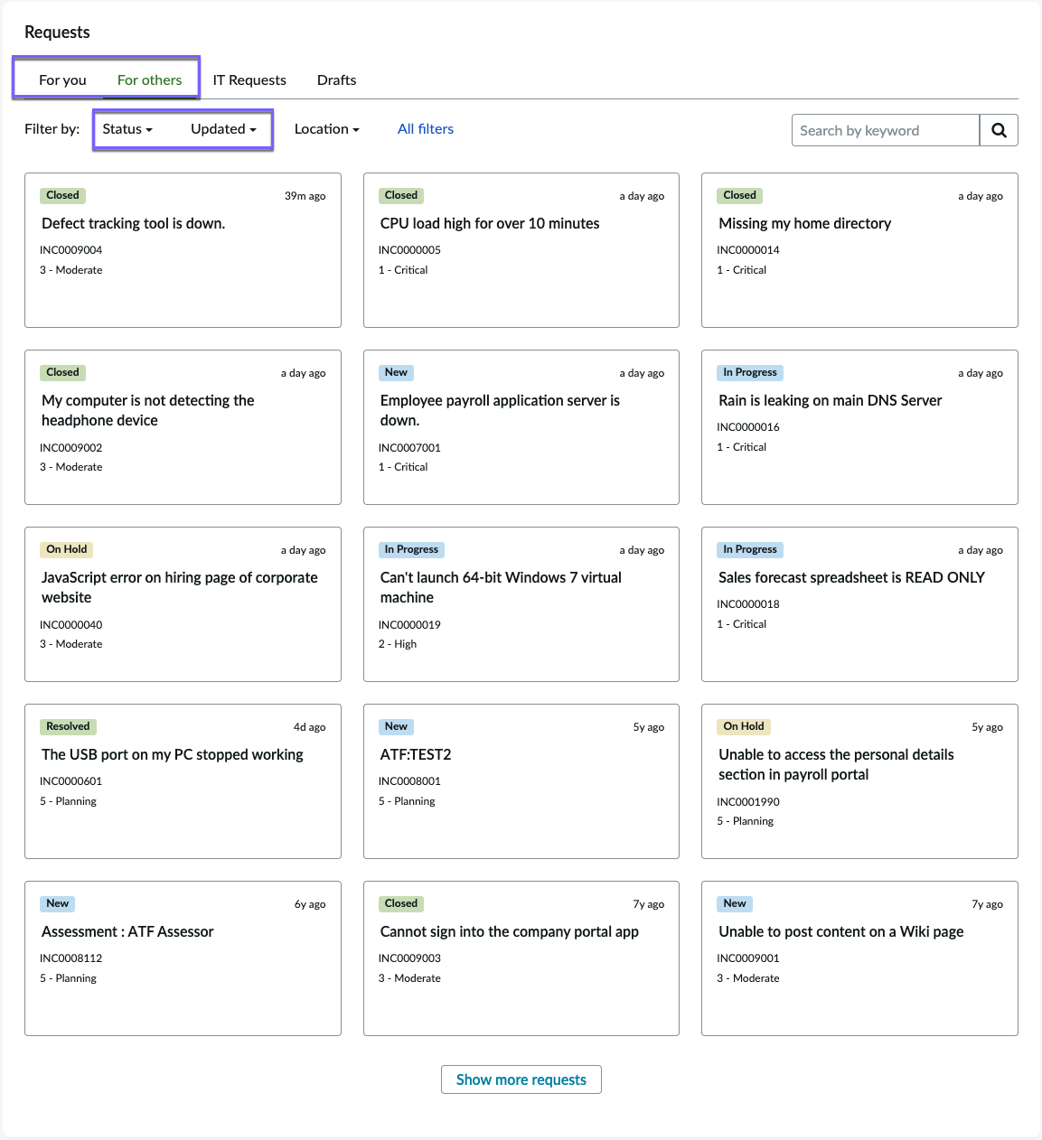 Enhanced Requests Experience page displays the request items on the Created for others.