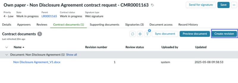 Create a contract revision in contract request