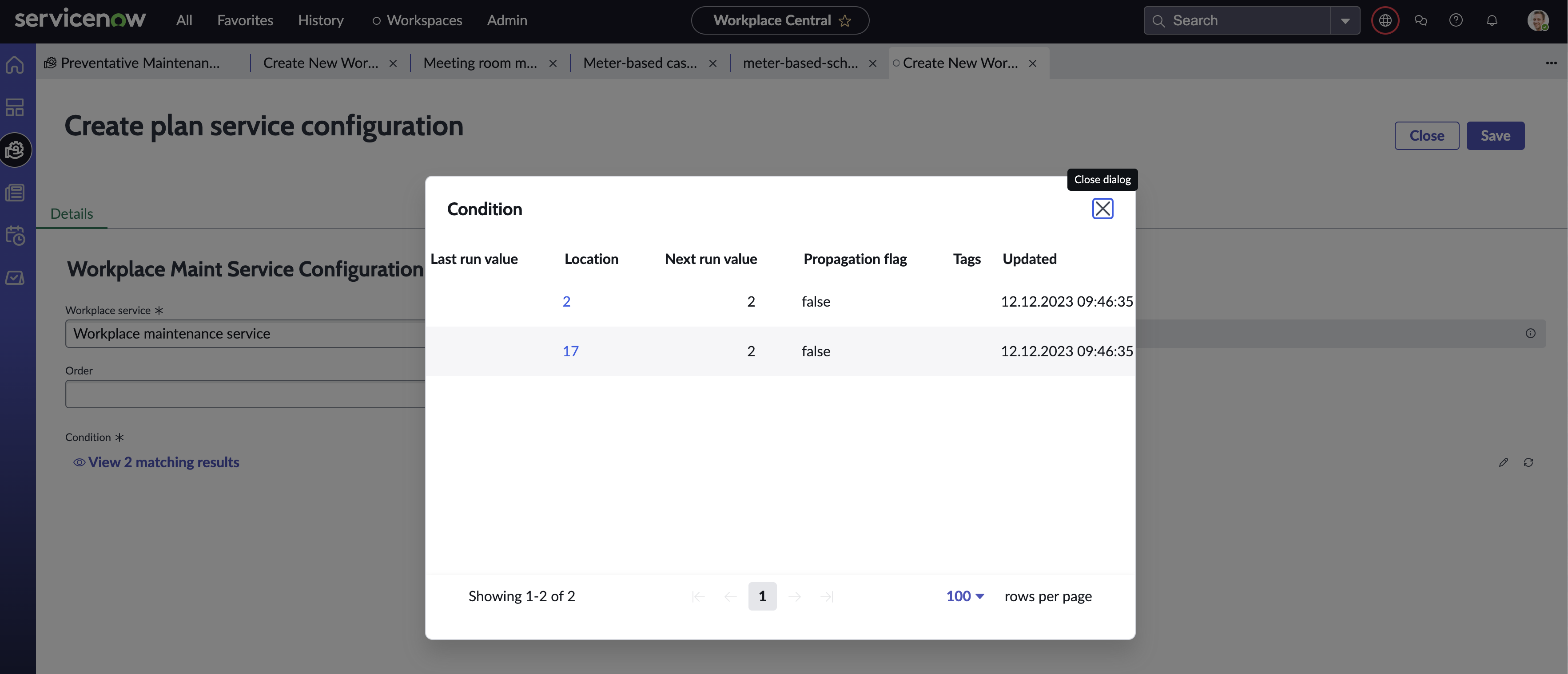 View matching results showing the Next run value for a meter-based schedule.