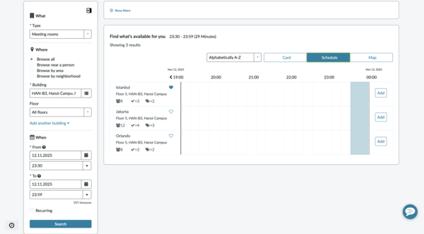 Schedule view showing locations for reservations.