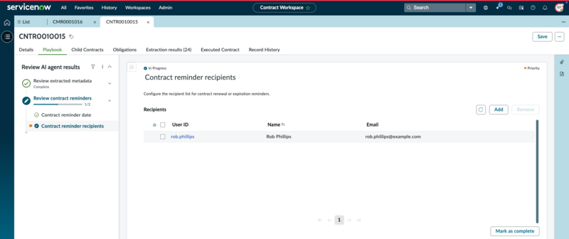 Contract playbook displaying the Contract reminder recipients page.