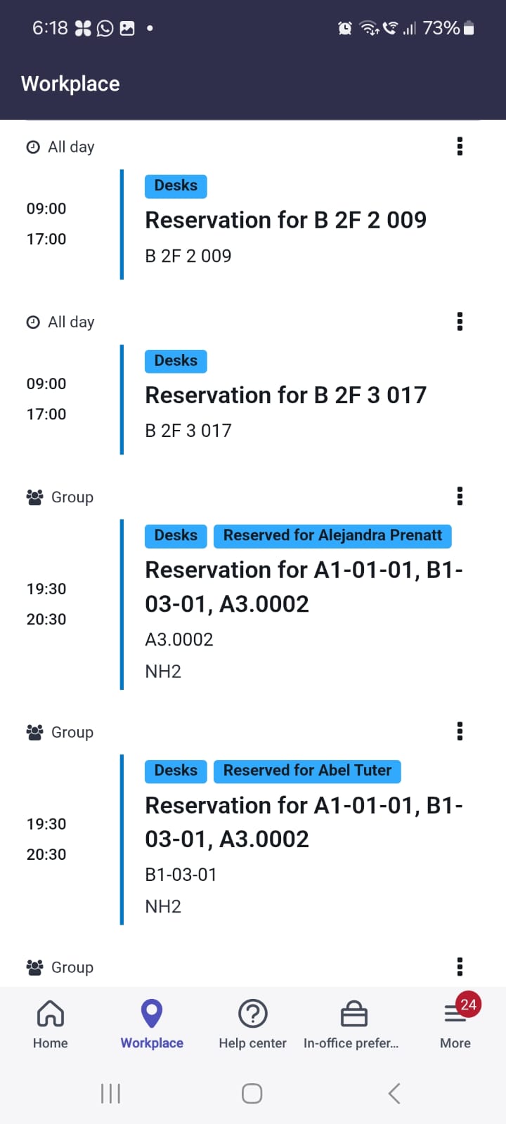 Agenda view showing reserved spaces for group reservations and all day.