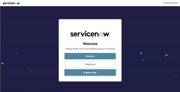 The welcome page shows the Explore Map option for workplace kiosk viewers to search and select a space for reservation.