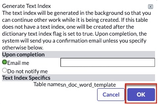 Select Ok to start the table indexing for search