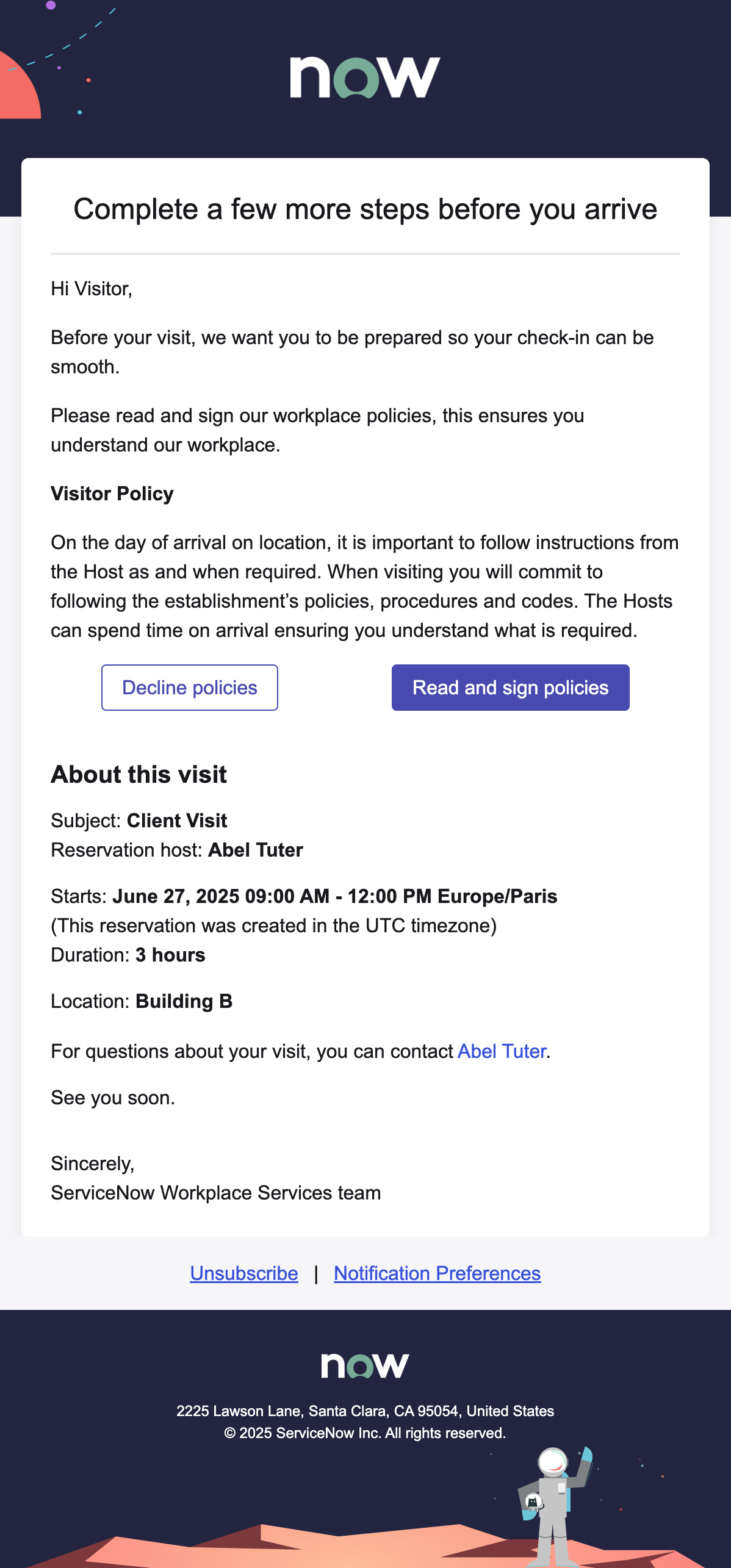 Visitor email with information about the policies. The email contains a button to decline the policies, and another button to read and sign the policies.