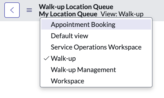 View options for the Walk-up Location Queue form. The Walk-up option is currently selected and the Appointment Booking option is highlighted.