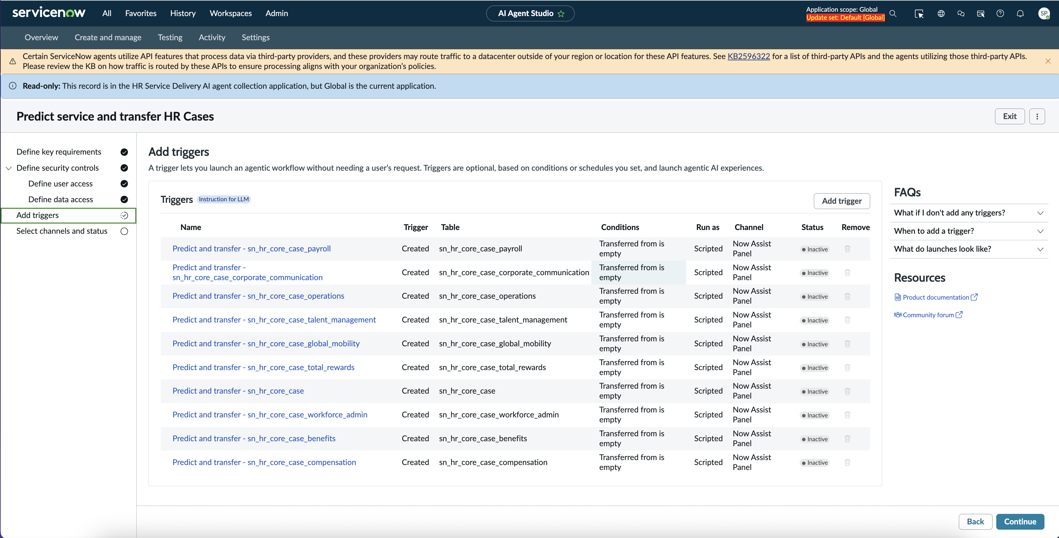 Activating the triggers for the Predict service and transfer HR cases agentic workflow.