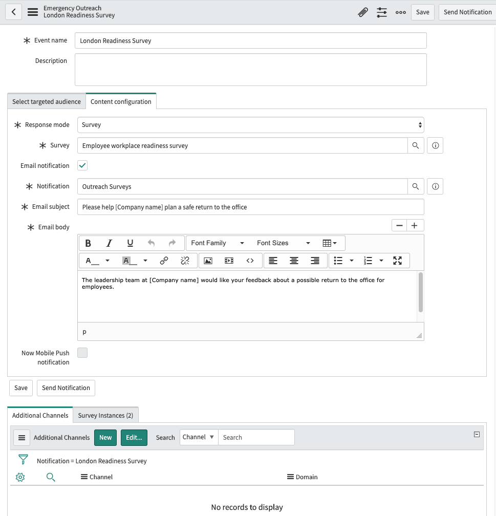 Emergency Outreach content configuration for a survey notification