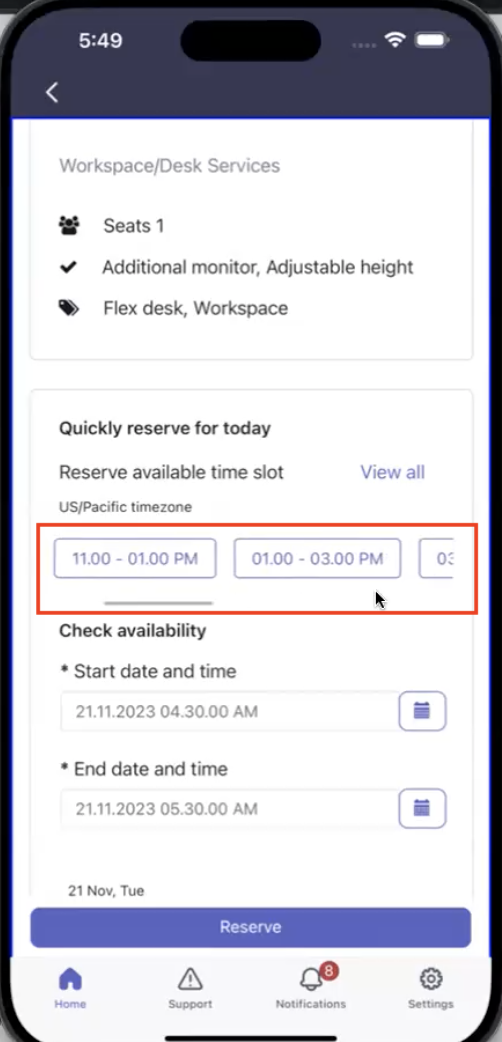 Space details page showing available time slots.