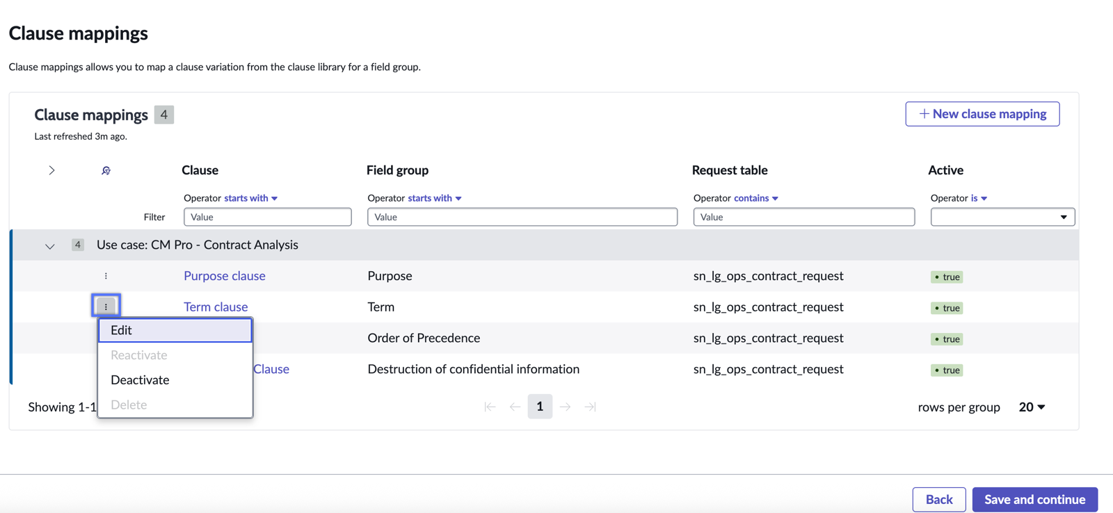 Actions available on clause mappings for contract analysis.