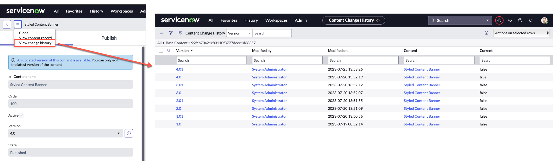 Open a content and click View change history to see all the prior versions