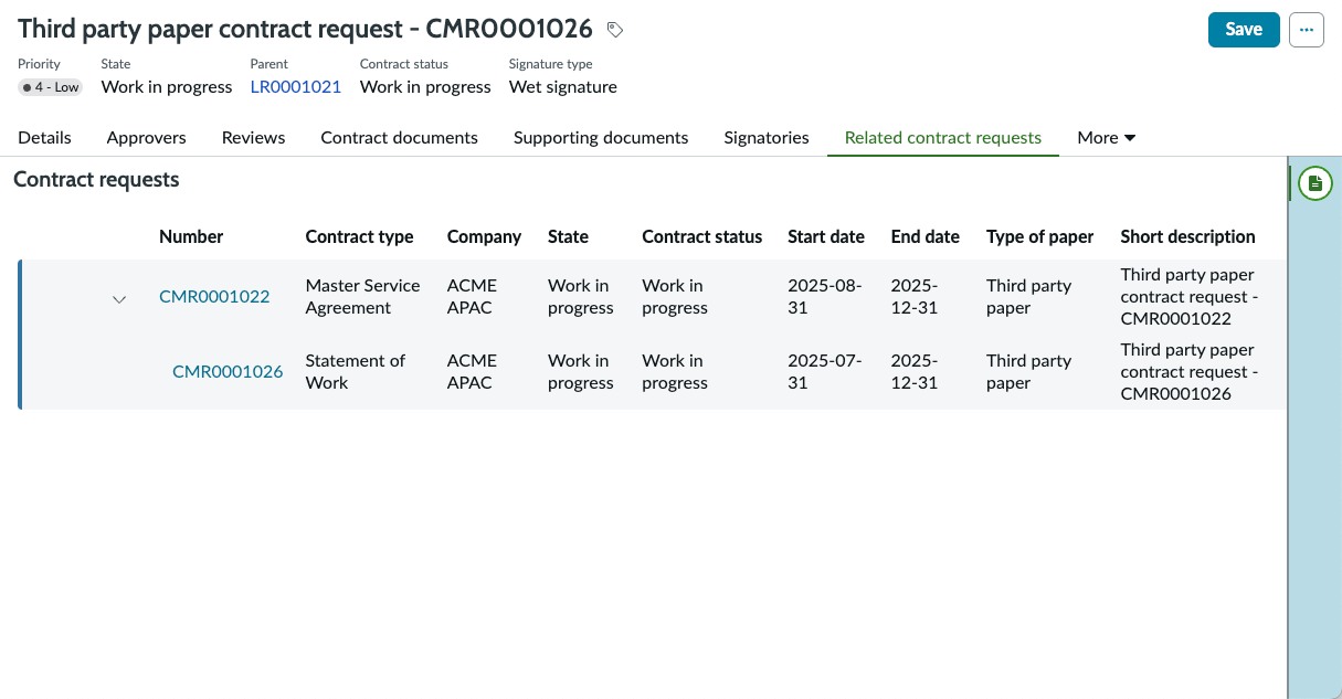 Parent-child hierarchy in the Related contract requests tab