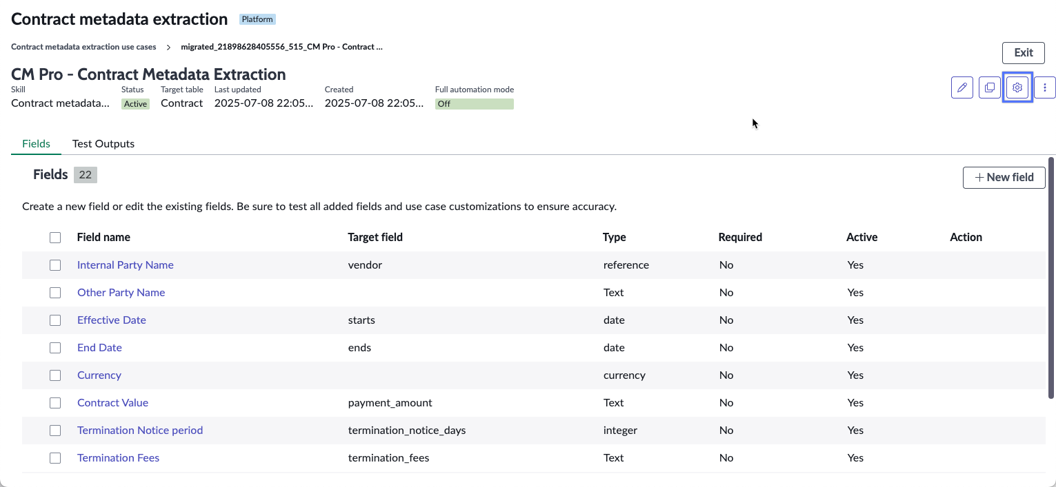 Settings in the Use case page.