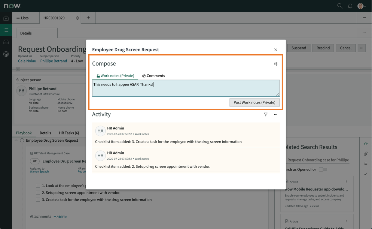 HR Agent WS - Playbook compose note or comment