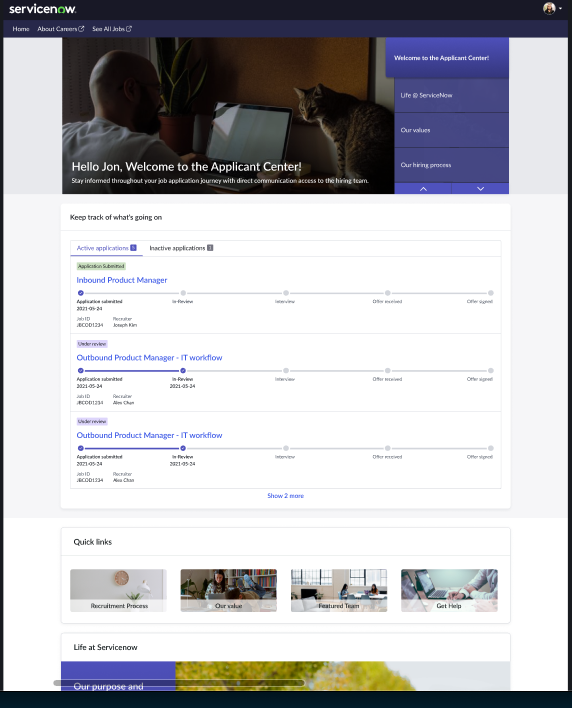 Applicant Center home page shows application tracking widget, Content Experiences widgets, and Quick links