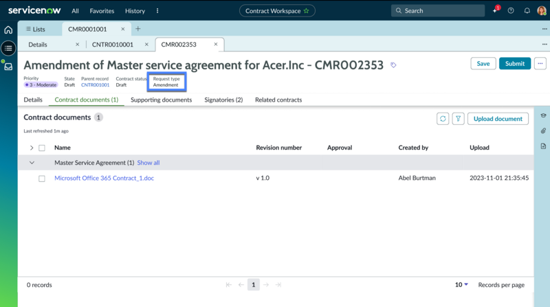 Request type field to differentiate between contract and amendment request