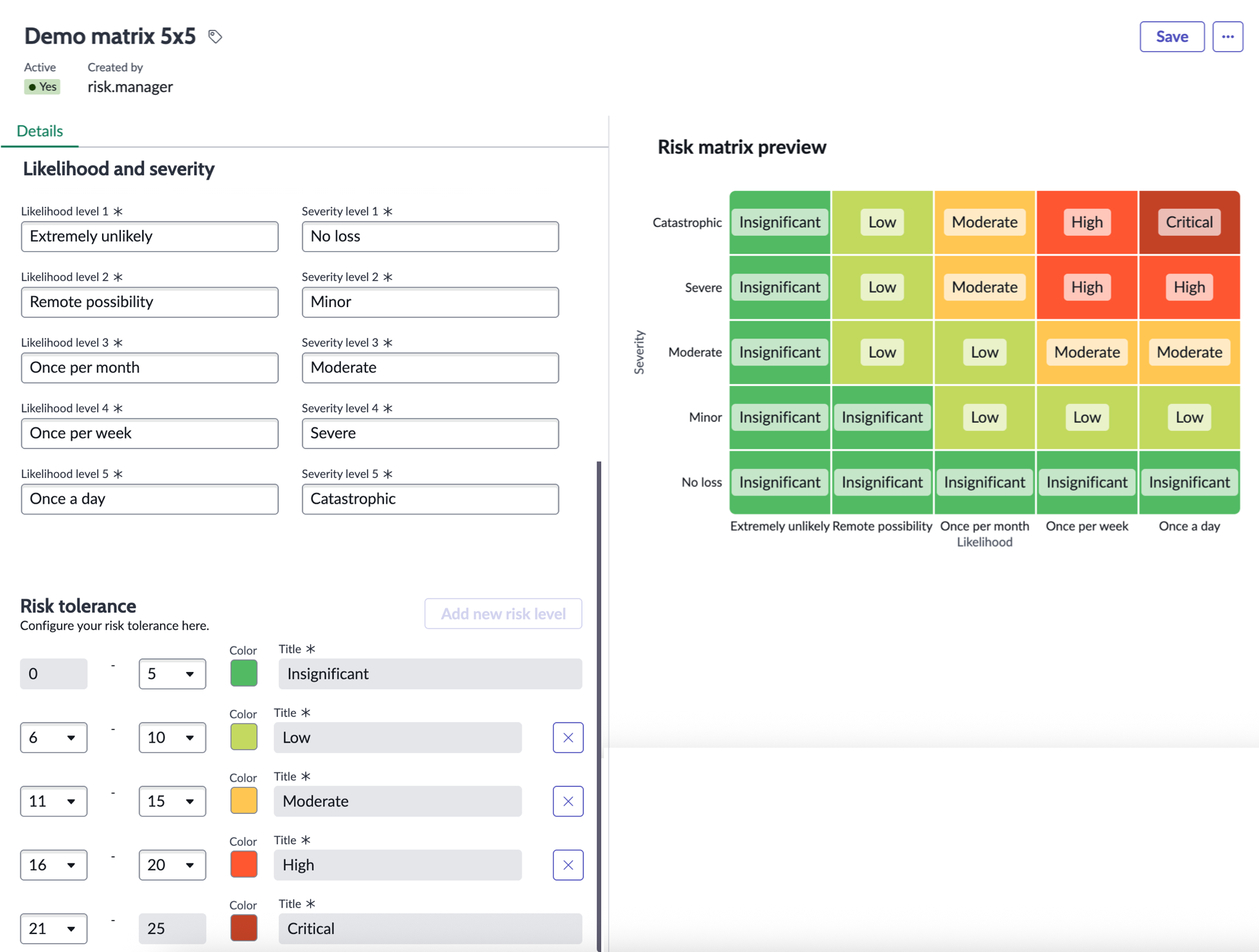 An example 5*5 risk matrix showing likelihood and severity values, risk tolerance levels, and the heatmap of the risk matrix.