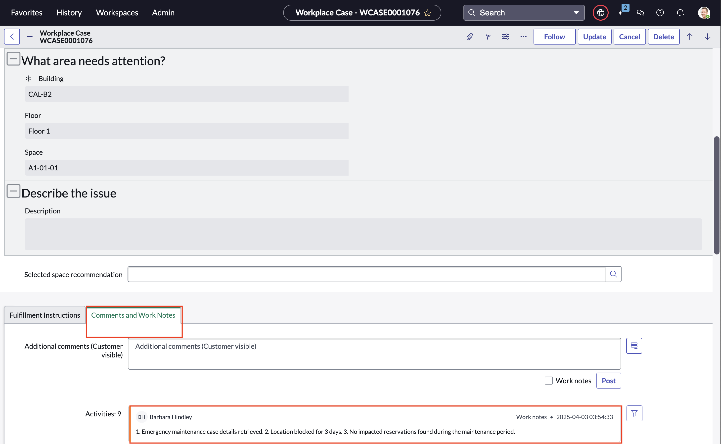 Comments and Work notes section showing the emergency maintenance case activity log and resolution notes.