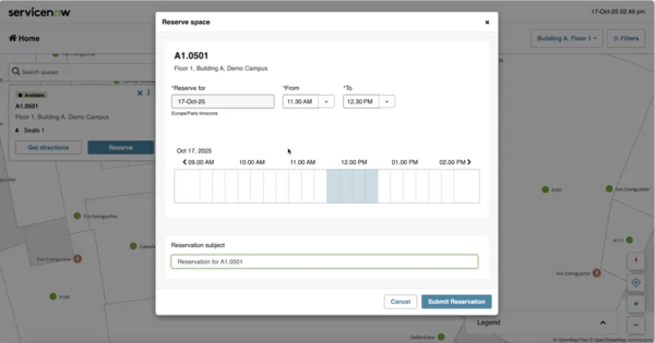 Reserve a space showing reservation start date, start time, and end time along with the Reservation subject.