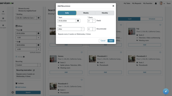 Daily Recurrence options showing reservation start and end date and recurrence pattern.