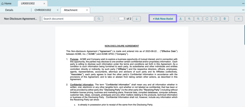 Summarize button in the document viewer used to generate summary of a contract.