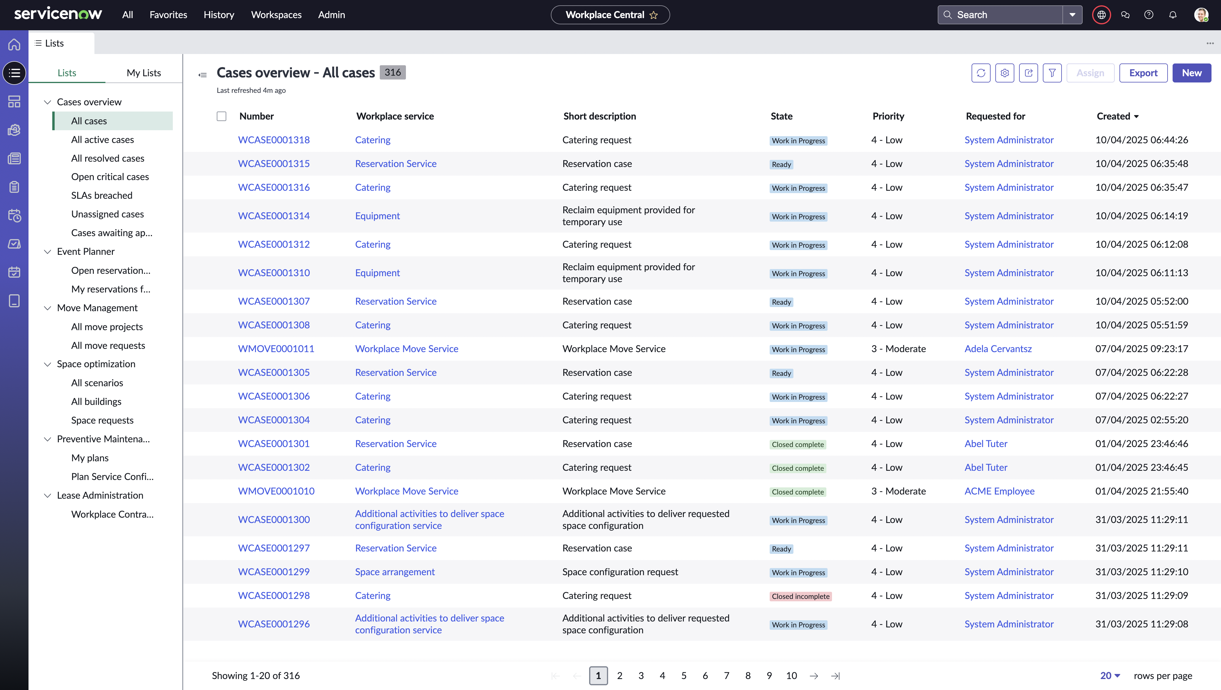 Workplace Central lists dashboard with the Cases Overview - All Cases list selected.