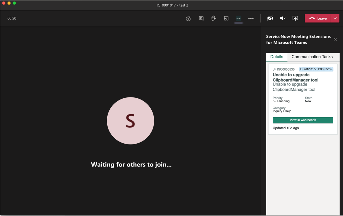 ServiceNow Meeting Extensibility tab.