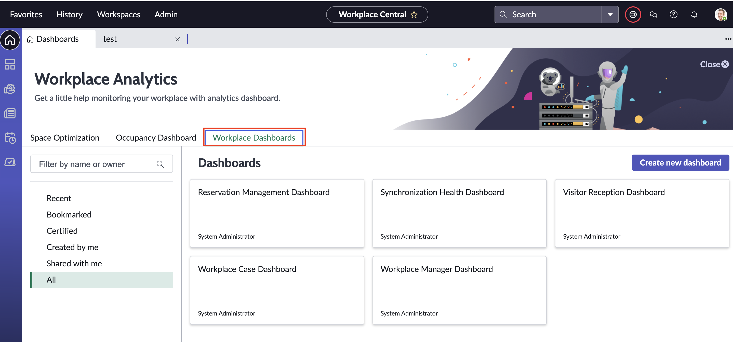 Workplace Dashboards in Workplace Central.