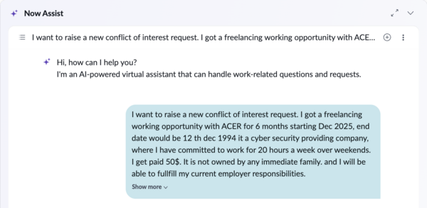 Enter message in chat with the details of COI