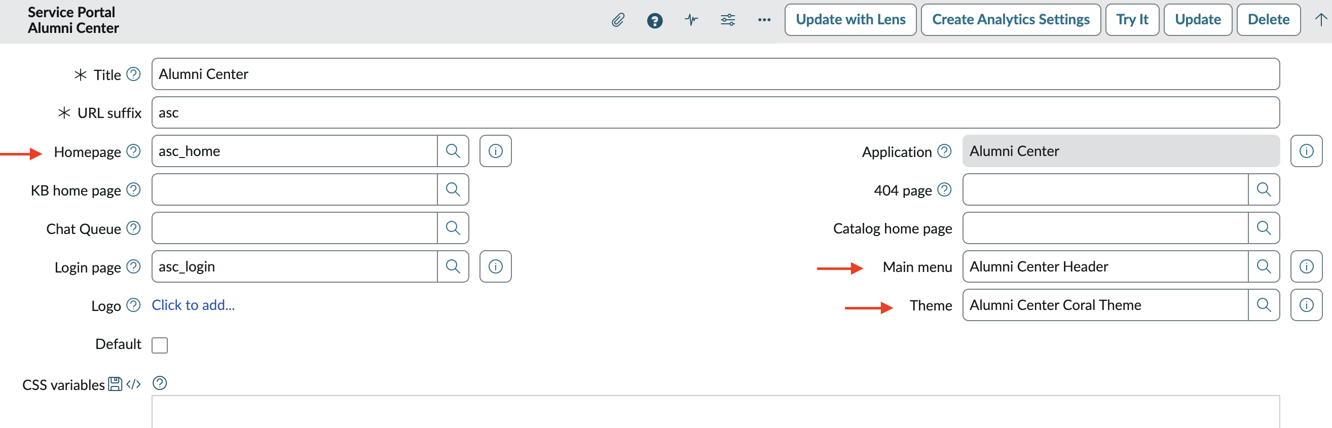 Service Portal configuration for Alumni Center