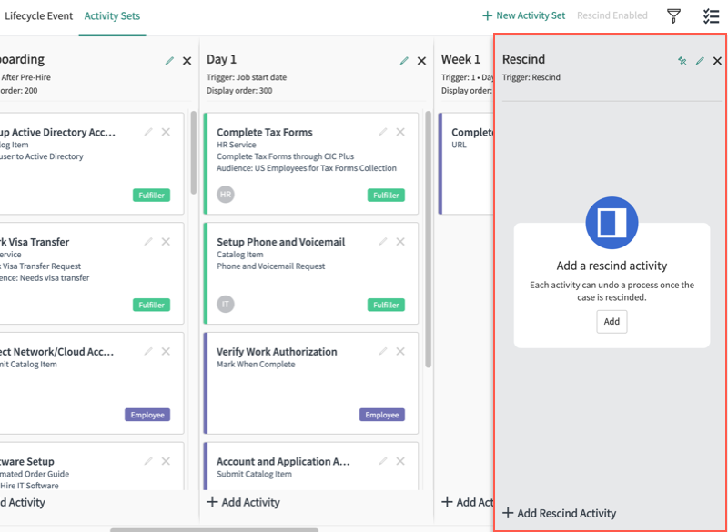 The rescind activity set displays in the lifecycle event builder.