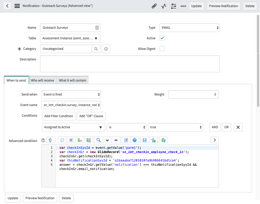 Displays the When to send tab in the Outreach Survey notification.