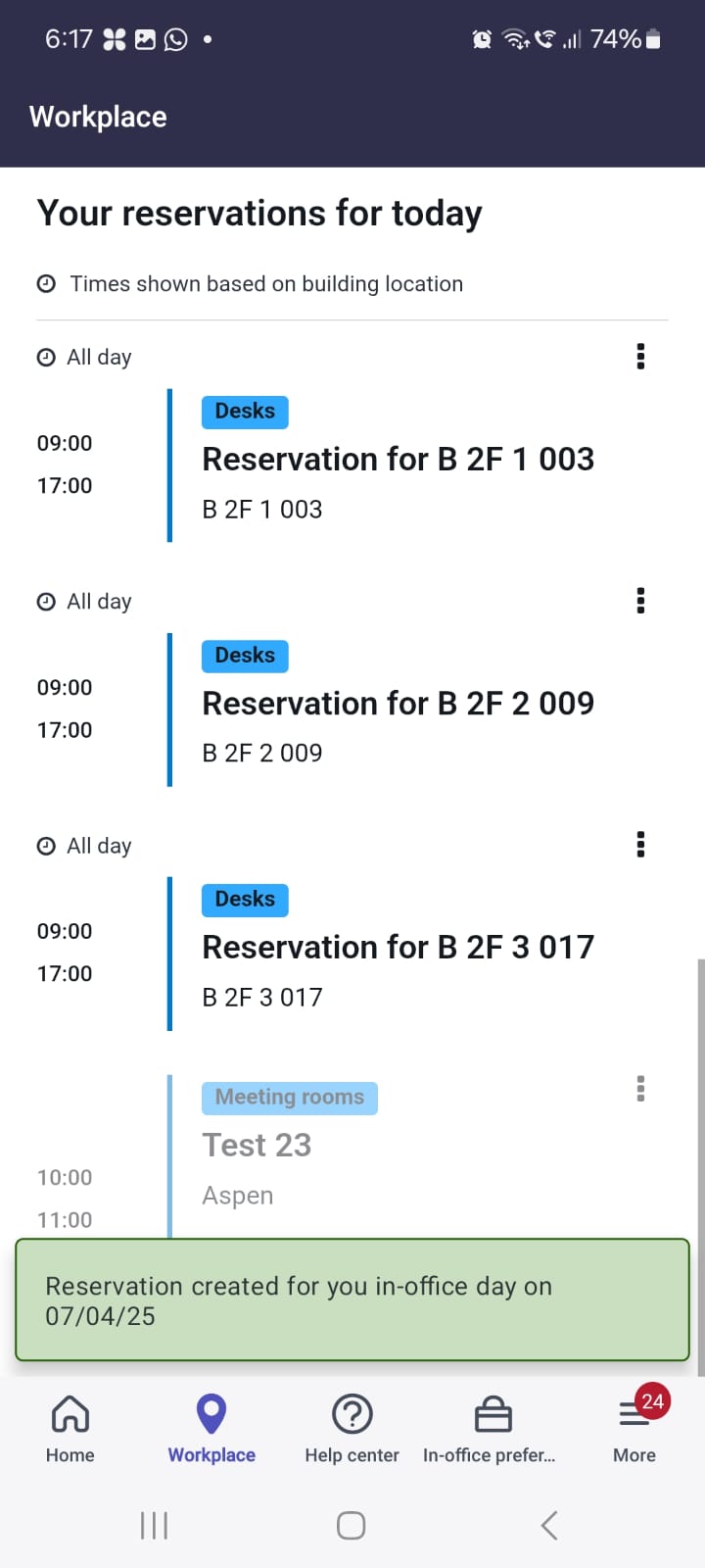 Agenda view showing your reservations and types of reservations available for you.