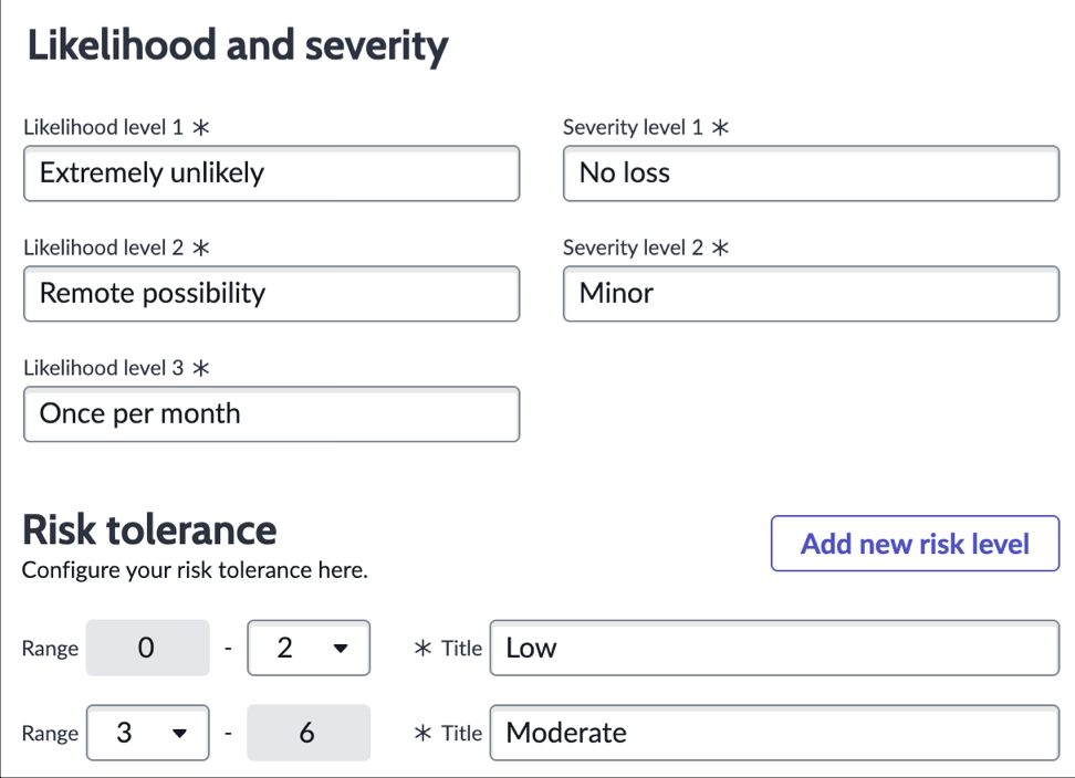 Risk matrix configuration showing calculation of risk ranges based on likelihood and severity values.