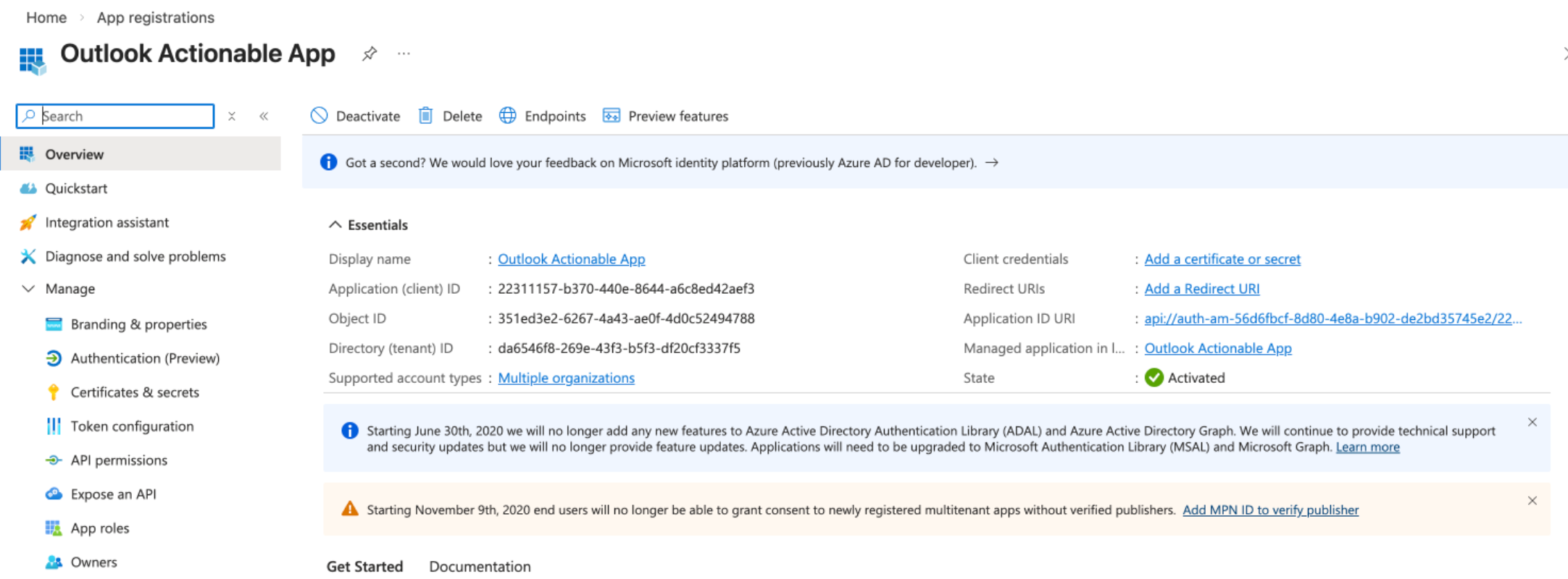 App ID URI on the Outlook Actionable App in Microsoft.