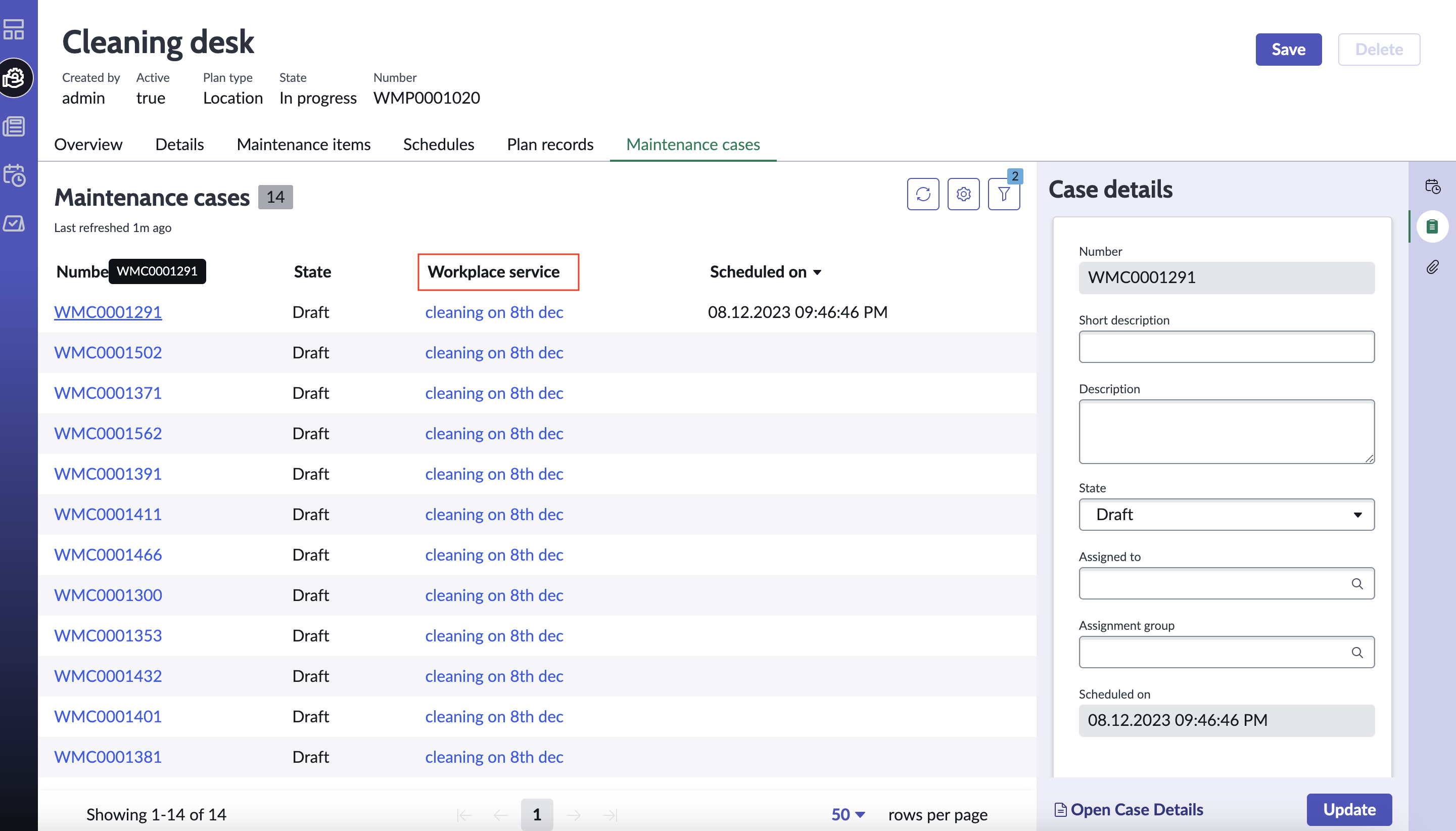 Published maintenance plan showing mapped workplace services to a maintenance case.