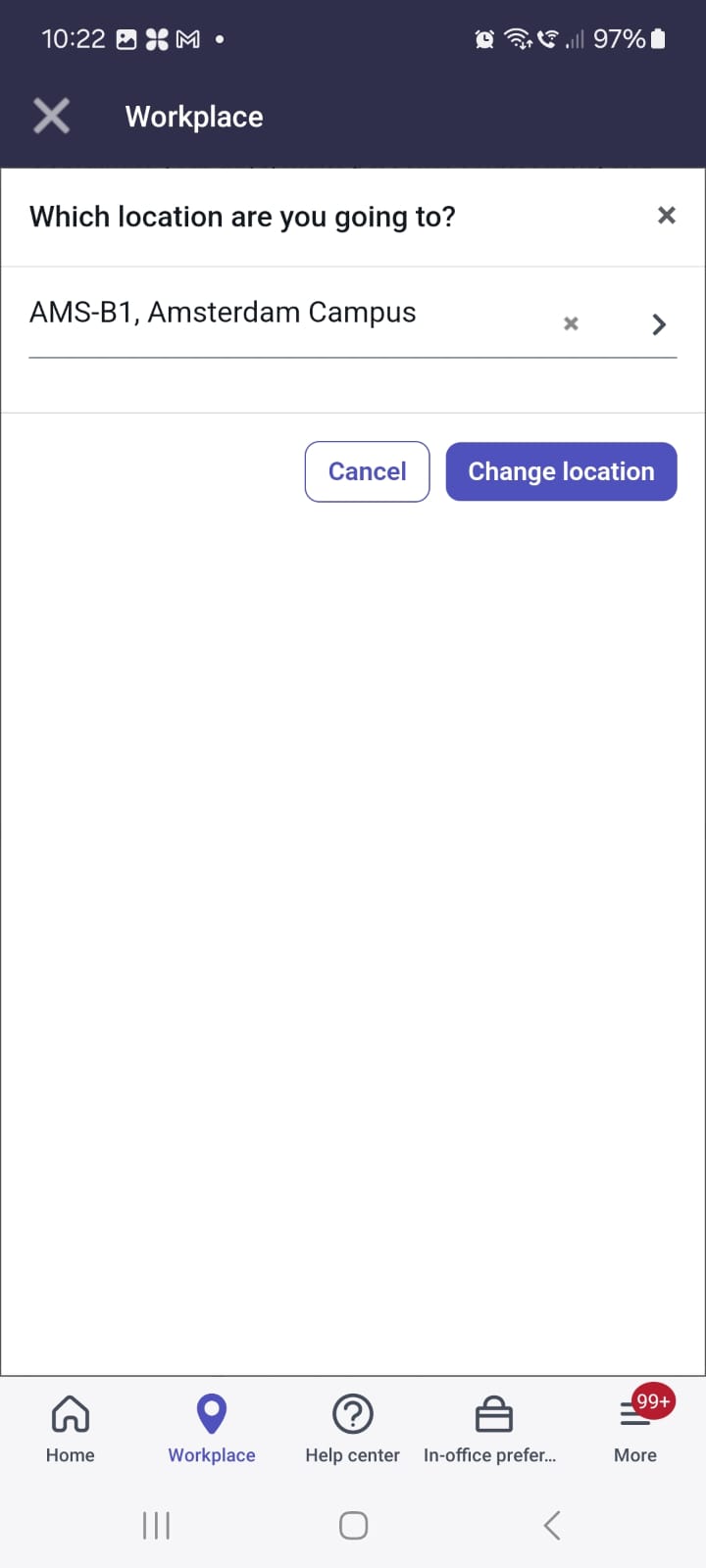 Option to select the default preferred location while visiting another office. You can search and select a new location.