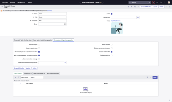Reservation Widget Configuration form.