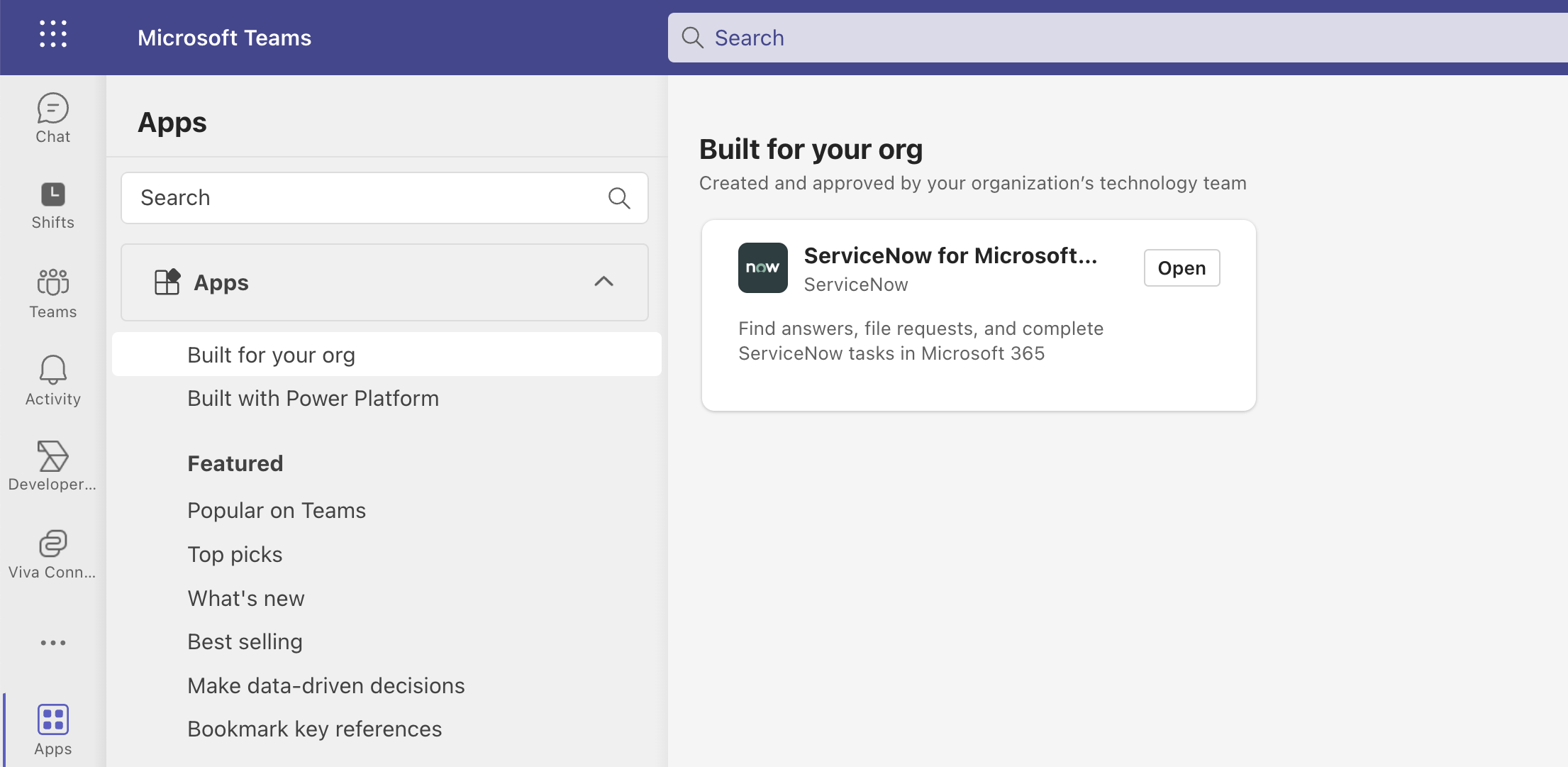 ServiceNow for Microsoft Teams app.
