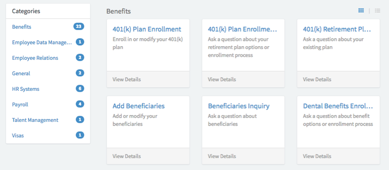 The HR service catalog organizes the HR catalog items by category.