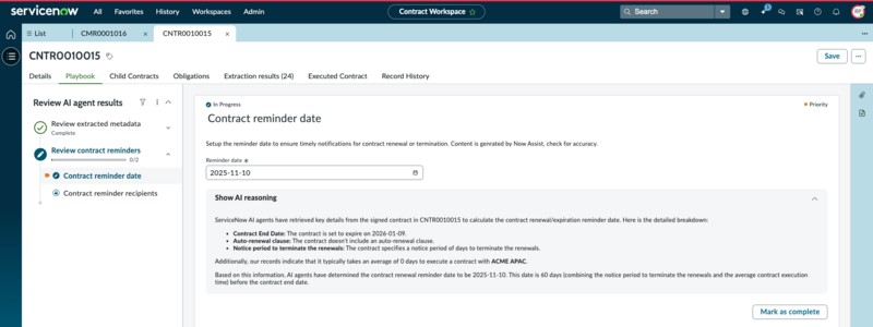 Contract playbook displaying the Contract reminder date page.