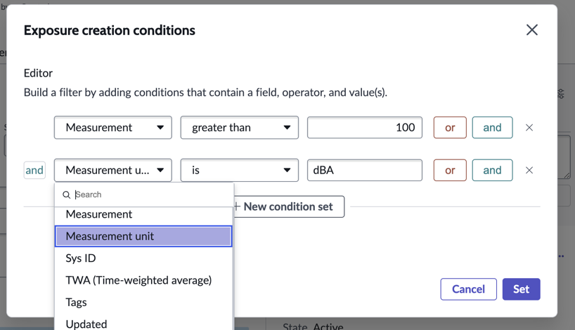 Exposure creation conditions with measurement limit set to greater than 100 and unit as dBA.