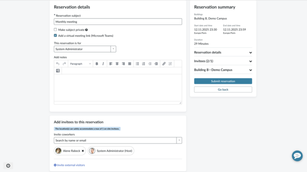Reservation details form showing options to add the Reservation subject, add invitees to your reservation, and invite external visitors.