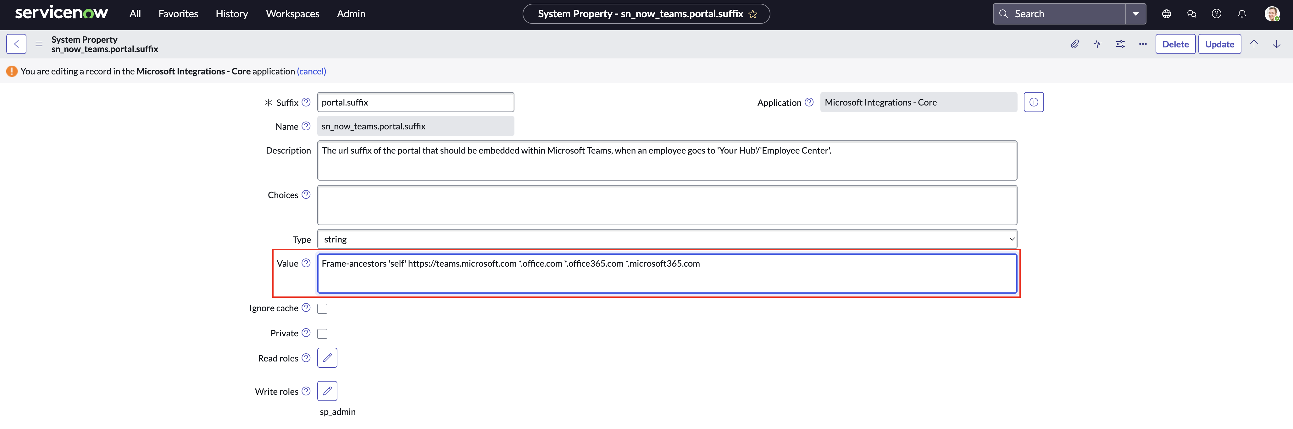 System property [sn_now_teams.portal.suffix] form with the value field highlighted.