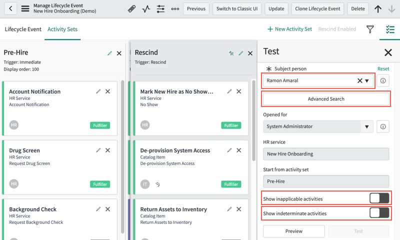 In the Test side panel, select a subject person for the test and whether to include the inapplicable or indeterminate activities in the test.